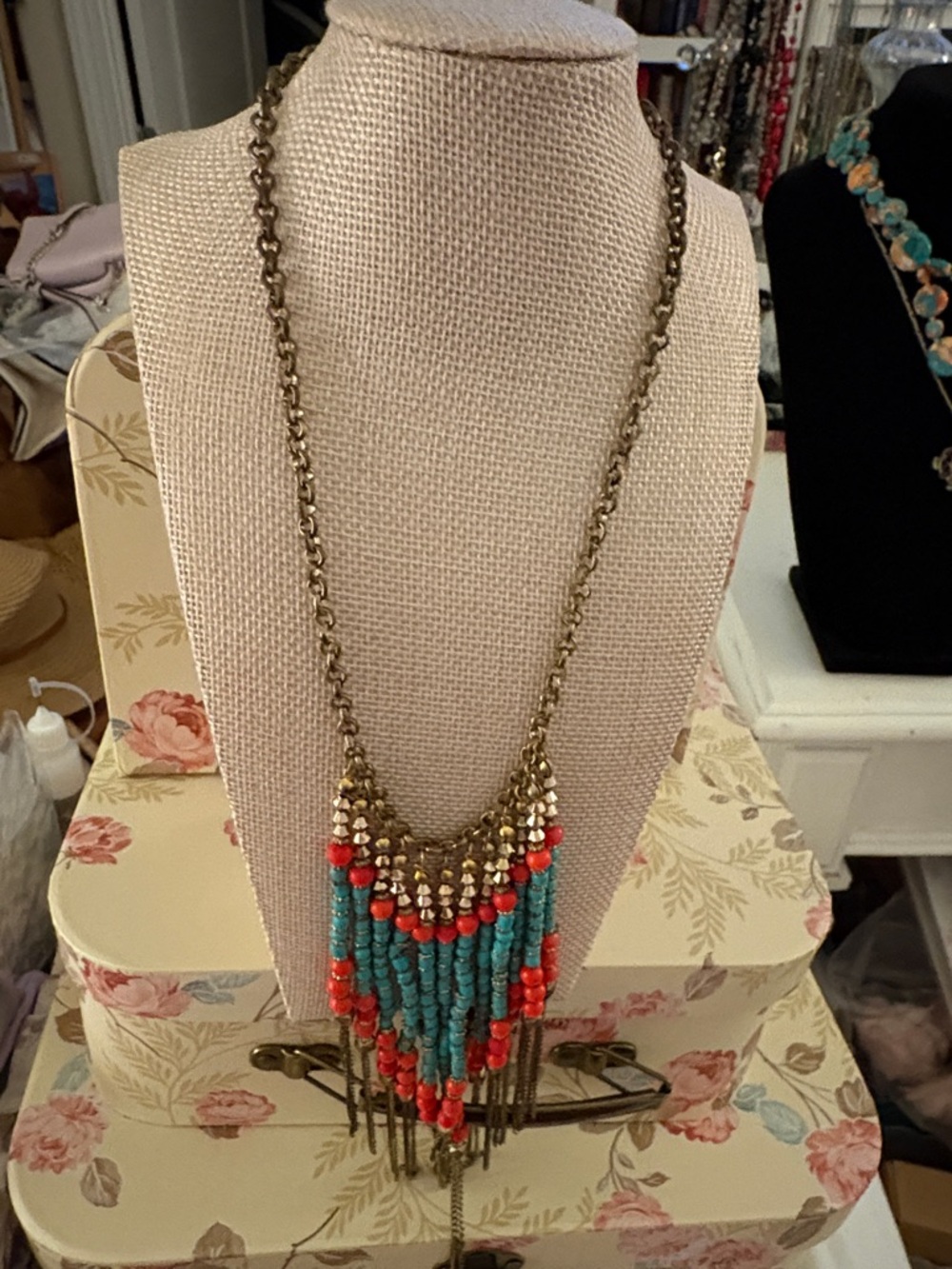 Vintage Boho Fringe Statement Necklace in Turquoise  color beads & Coral beads